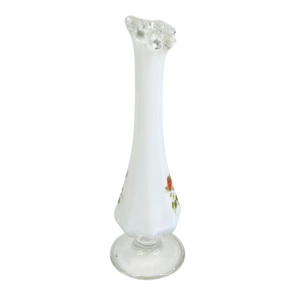 VTG Fenton Art Glass Flower BUD VASE 8” Signed Hand Painted Strawberry White - Picture 3 of 6